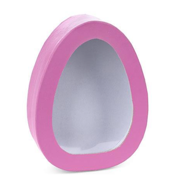 Pink egg-shaped gift box with a clear plastic window on the front