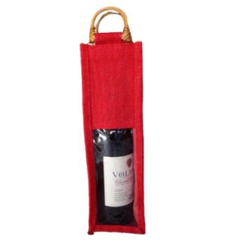 Wine Bags w/ Wooden Handle & Clear Window - Natural Jute